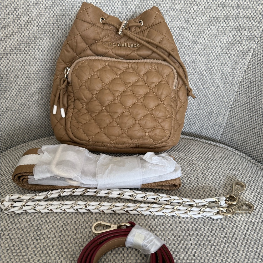 MZ Wallace Tan Quilted Bucket bag Crossbody with Gold Hardware